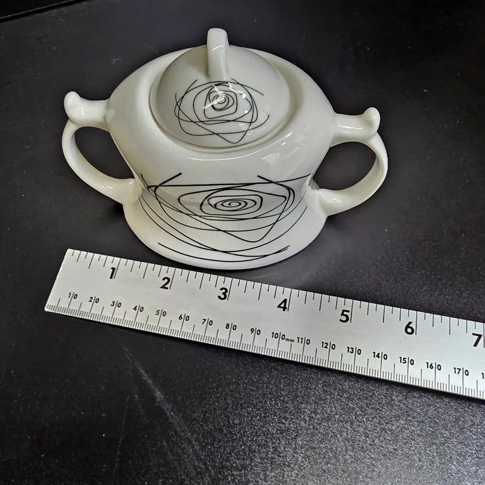 Modern Ceramic Sugar Bowl & Creamer Set White Black Rose Swirl Spiral Art Deco